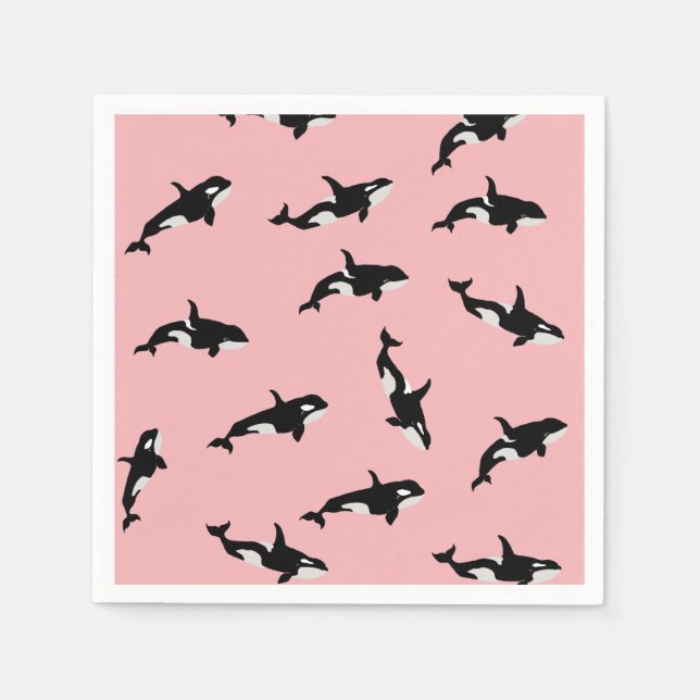 Orca Whale Illustration Pod Pattern Ocean Pink Napkins (Front)