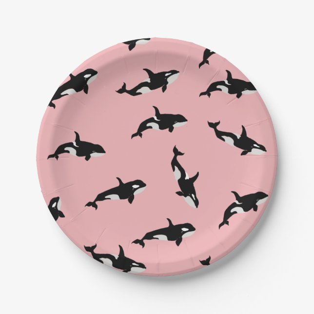 Orca Whale Illustration Pod Pattern Ocean Pink Paper Plates (Front)