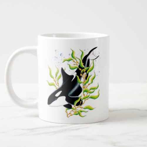 Orca whale In Kelp Forest ink art Giant Coffee Mug