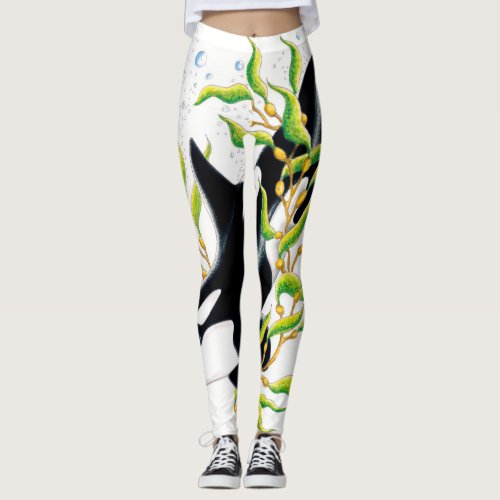 Orca whale In Kelp Forest ink art Leggings