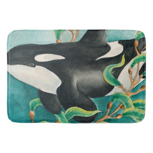 Orca Whale in Kelp Watercolor Art Bath Mat