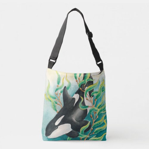 Orca Whale in Kelp Watercolor Art Crossbody Bag