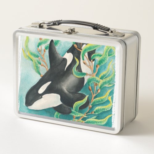 Orca Whale in Kelp Watercolor Art Metal Lunch Box