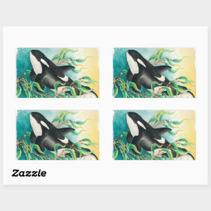 Orca Whale in Kelp Watercolor Art Rectangular Sticker