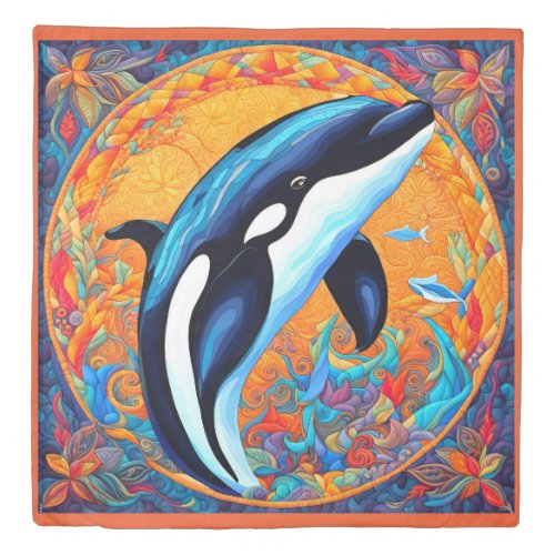 Orca Whale Leaping Decorated Quilt Block Duvet Cover