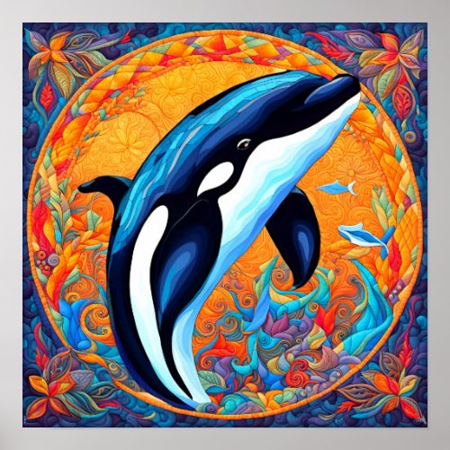 Orca Whale Leaping Decorated Quilt Block Poster