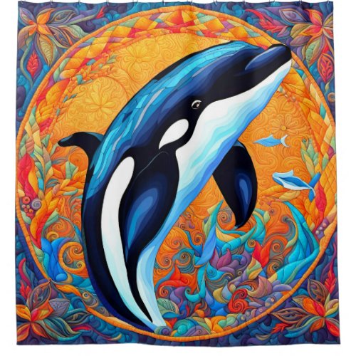 Orca Whale Leaping Decorated Quilt Block Shower Curtain