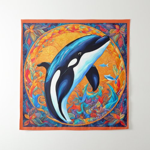 Orca Whale Leaping Decorated Quilt Block Tapestry