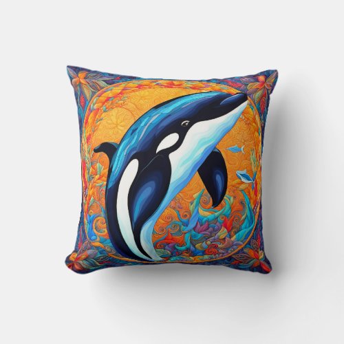 Orca Whale Leaping Decorated Quilt Block Throw Pillow