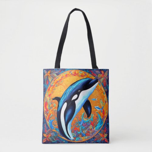 Orca Whale Leaping Decorated Quilt Block Tote Bag