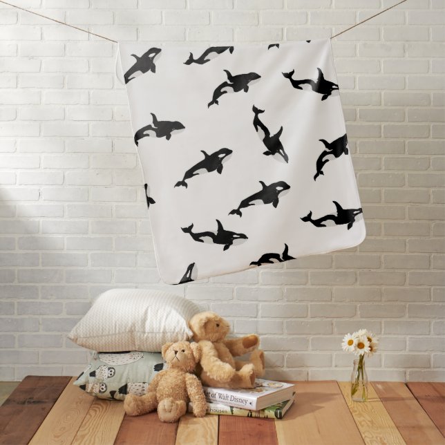 Orca Whale Pod Pattern Ocean White  Baby Blanket (In Situ)