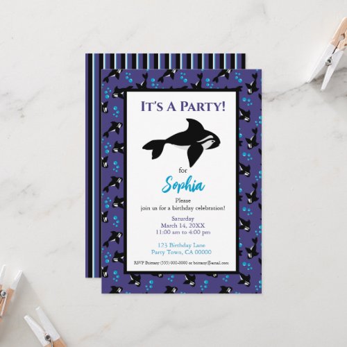 Orca Whale Purple and Blue Pattern Birthday Invitation