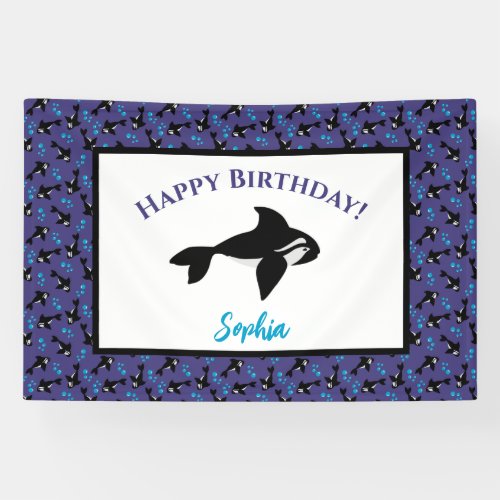 Orca Whale Purple Blue Bubbles Happy Birthday Banner