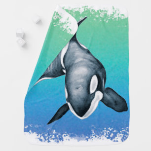 Orca Whale Teal crystal Baby Blanket