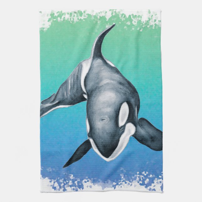 Orca Whale Teal crystal Kitchen Towel (Vertical)
