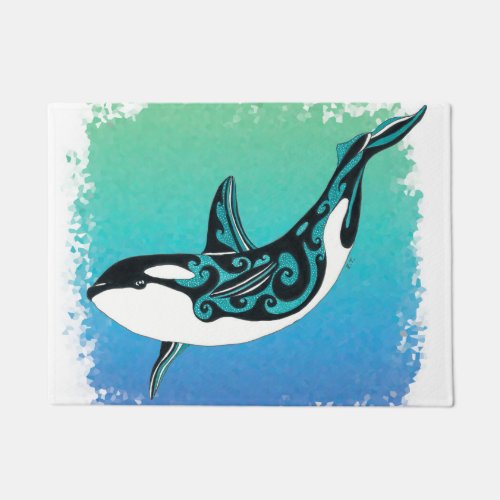 Orca Whale Teal Tribal Doormat