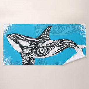 Orca Whale Tribal Art Blue Bath Towel Set
