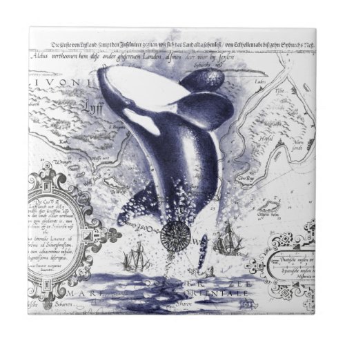 Orca Whale Vintage Map Blue Ceramic Tile