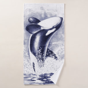 Orca Whale Watercolor Blue Bath Towel Set