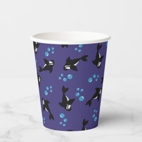 Orca Whale with Bubbles and Purple Background Paper Cups