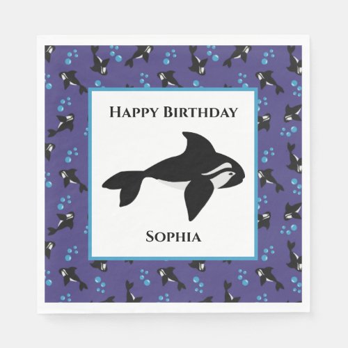 Orca Whale with Bubbles Personalized Birthday Napkins