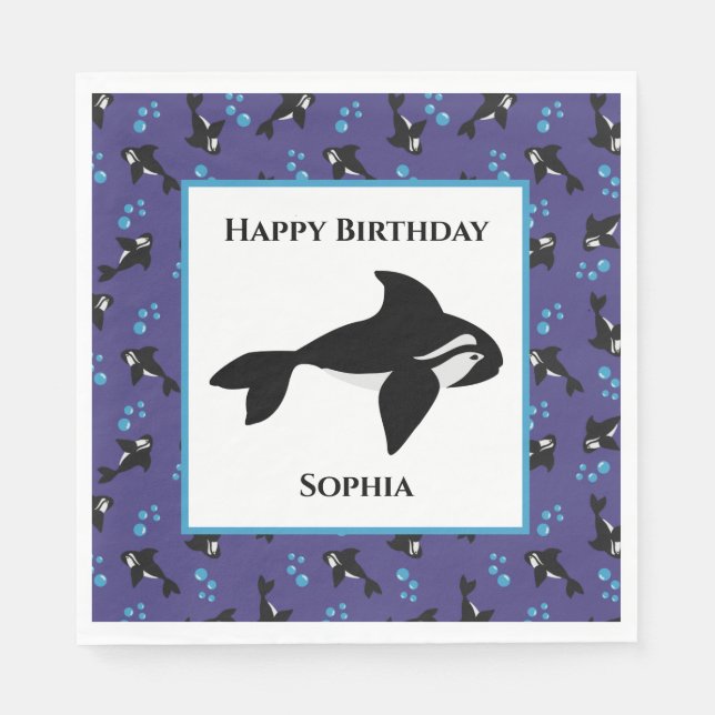 Orca Whale with Bubbles Personalized Birthday Napkins (Front)