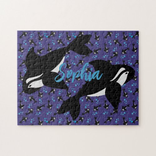 Orca Whale with Bubbles Purple Blue Background  Jigsaw Puzzle