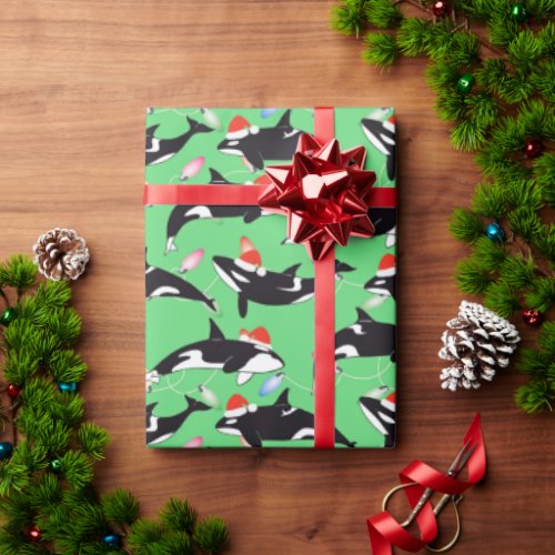 Orca Whale with Santa Hat and Christmas Lights Wrapping Paper