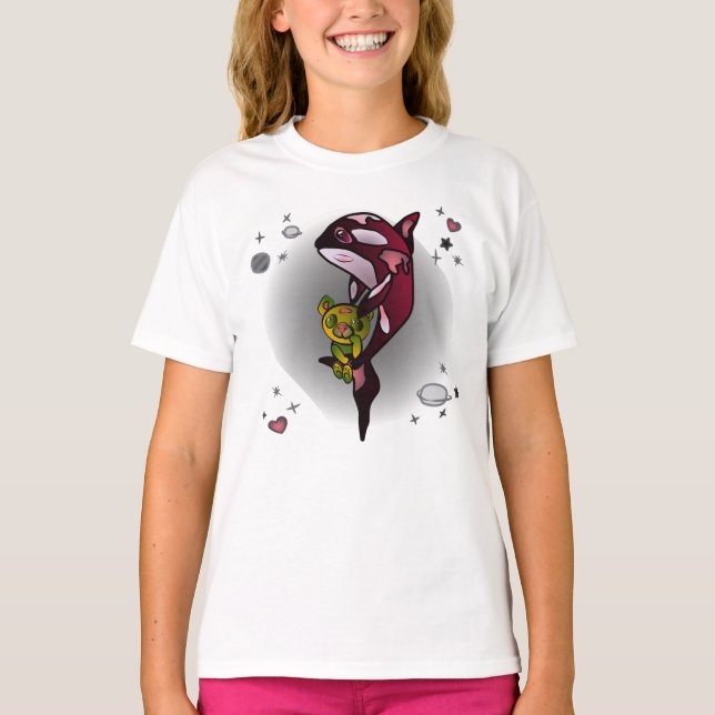 Orca Whale with Teddy Bear in Space Graphic Design T-Shirt (Front)