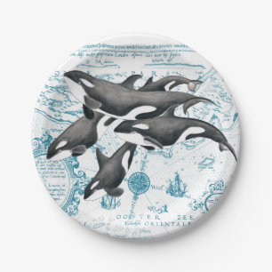 Orca whales ancient blue paper plates