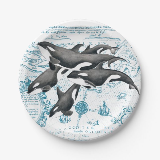 Orca  whales ancient blue paper plates (Front)