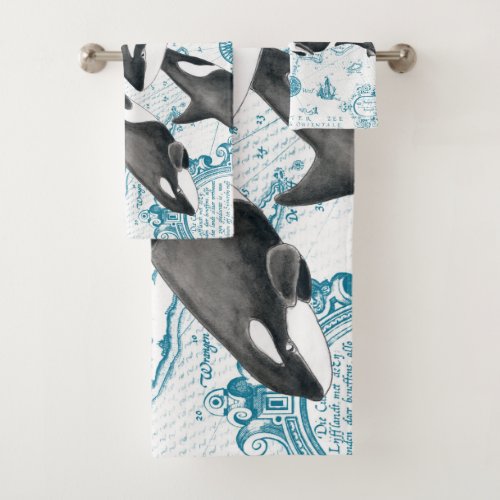 Orca whales family ancient blue bath towel set