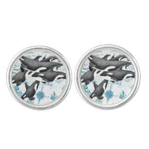 Orca whales family ancient blue cufflinks