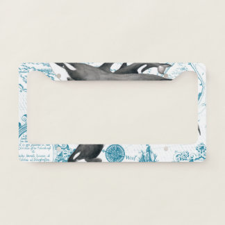 Orca whales family ancient blue license plate frame