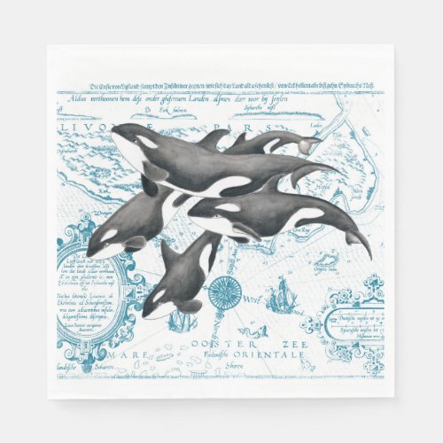 Orca whales family ancient blue napkins