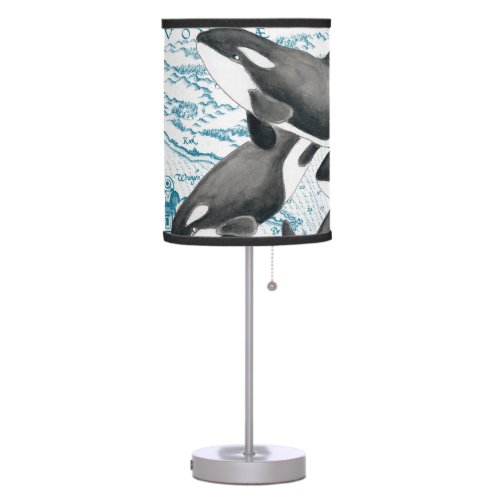 Orca whales family ancient blue table lamp