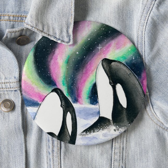 Orca Whales Galaxy Northern Lights Watercolor Button (In Situ)