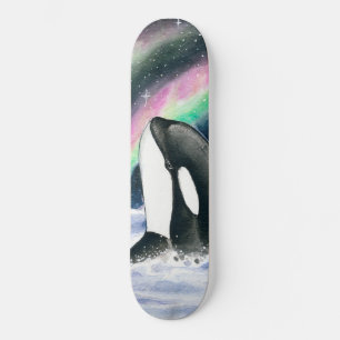 Orca Whales Galaxy Northern Lights Watercolor Skateboard