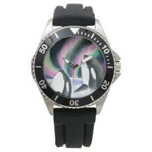 Orca Whales Galaxy Northern Lights Watercolor Watch