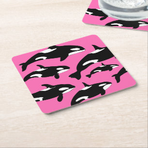 Orca Whales on Pink Square Paper Coaster