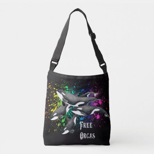 Orca Whales Watercolor Splash Black Crossbody Bag