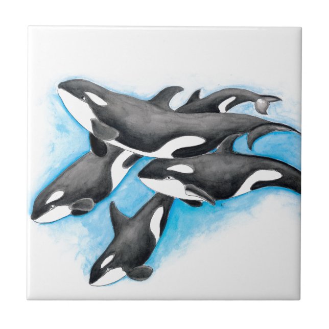 orcas in blue ceramic tile (Front)