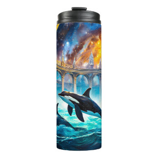 Orcas in Galaxy Castle Design by Rich AMeN Gill Thermal Tumbler