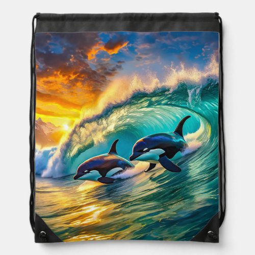 Orcas In Surf Design By Rich AMeN Gill Drawstring Bag