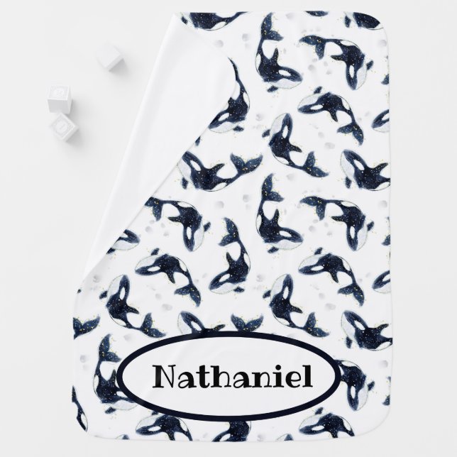 Orcas Killer Whales Custom Name Baby Blanket (In Situ)