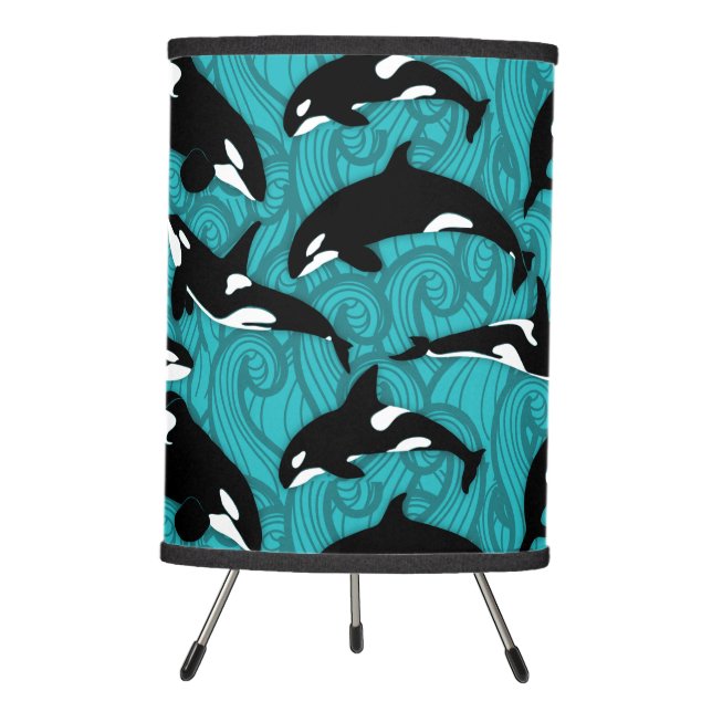 Orcas Killer Whales in the Ocean Patterned Tripod Lamp (Front)