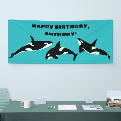 Orcas Killer Whales Teal Blue Birthday Party Banner