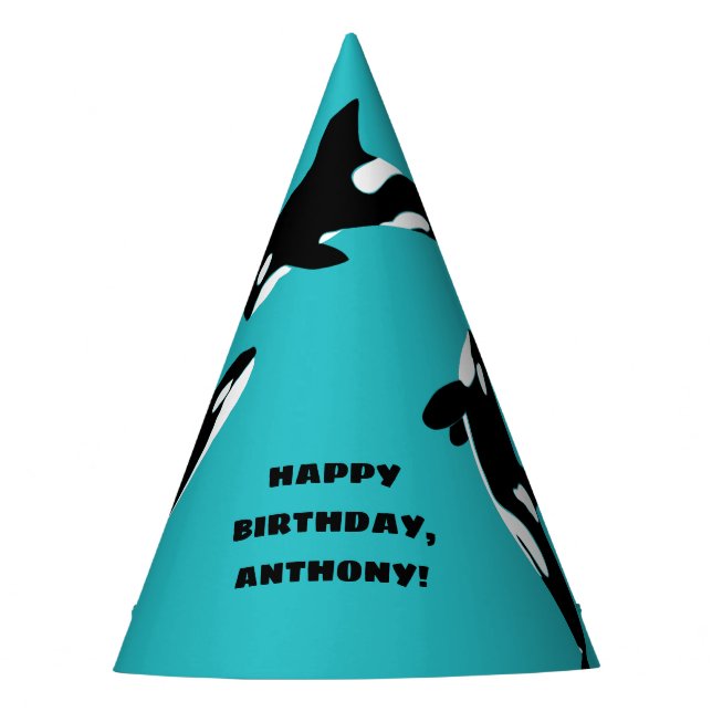 Orcas Killer Whales Teal Blue Birthday Party Hat (Front)