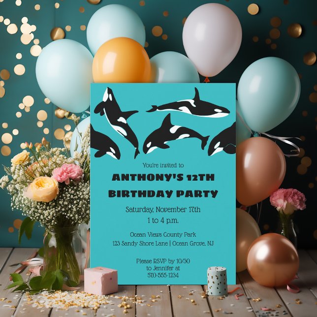 Orcas Killer Whales Teal Blue Birthday Party Invitation (Creator Uploaded)