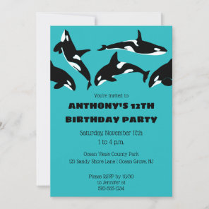 Orcas Killer Whales Teal Blue Birthday Party Invitation